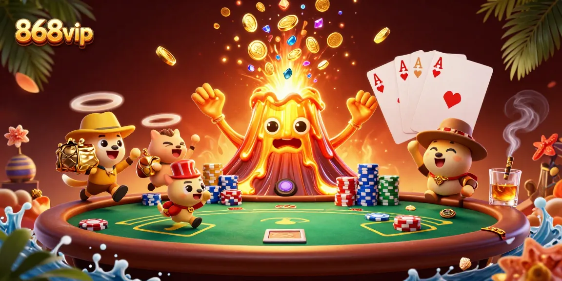Experience the thrill of 868vip with a whimsical 3D casino scene bursting with vibrant treasures and poker elements.