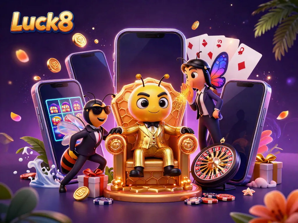 Engage in thrilling gaming adventures at Luck8 with immersive casino elements and vibrant characters.