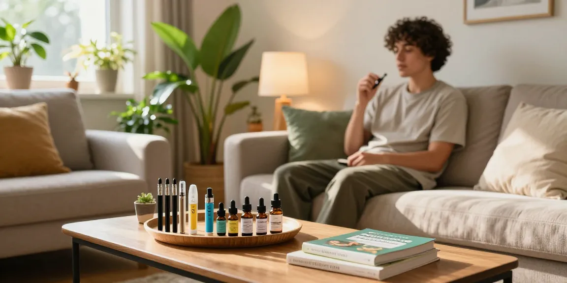 THC vape UK products with person enjoying natural wellness moment in cozy living room, emphasizing relaxation and quality.