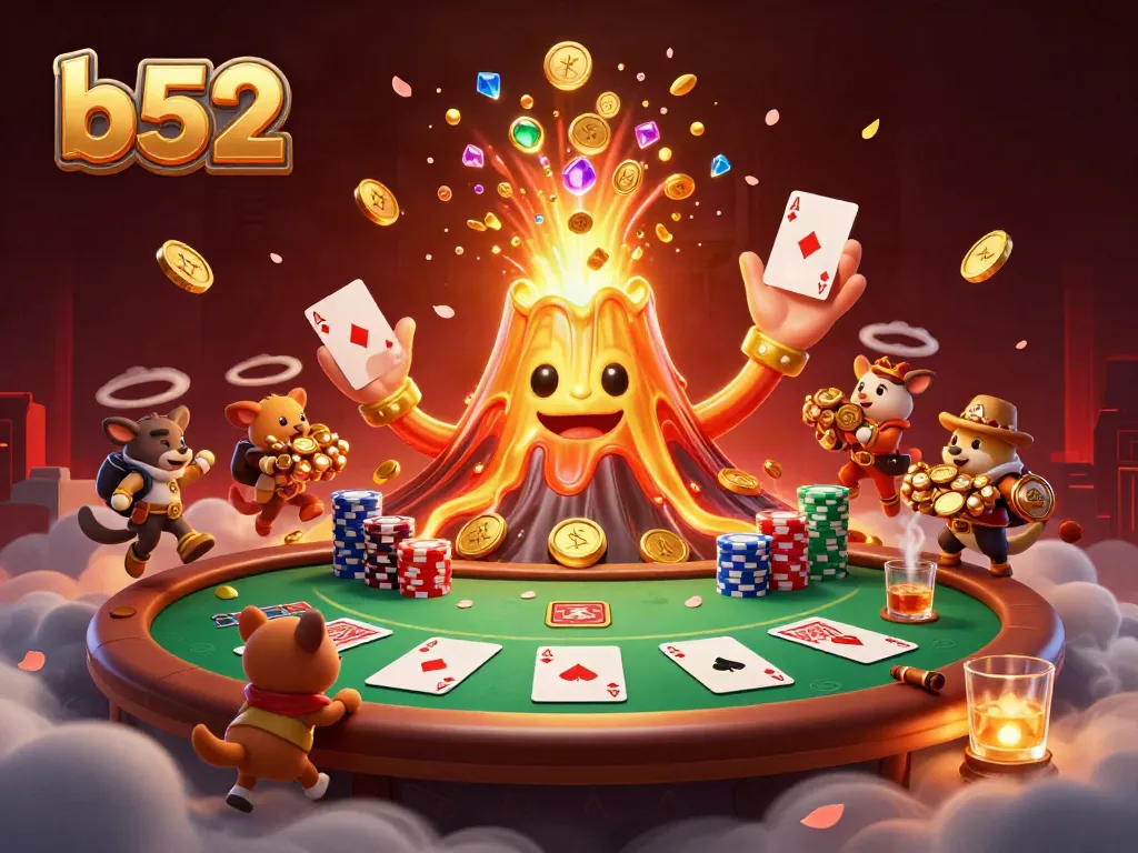 Join the b52 adventure as a golden volcano erupts coins and treasure in a lively casino scene.
