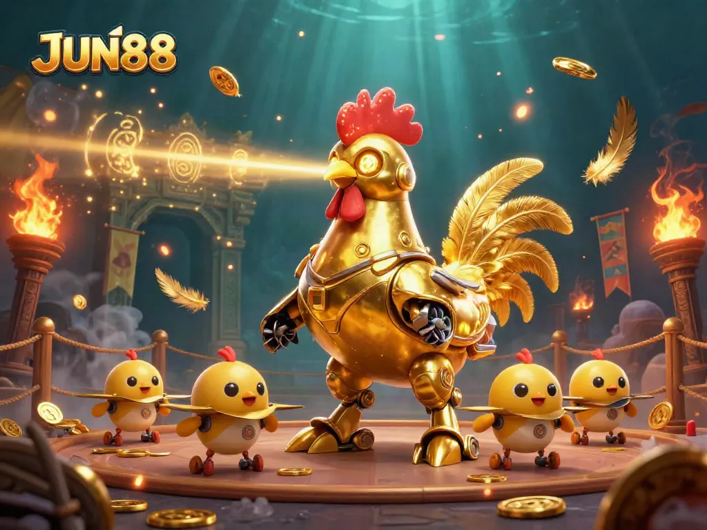 Engage in the vibrant world of JUN88 with a dynamic casino adventure featuring a golden rooster robot and baby chick drones.