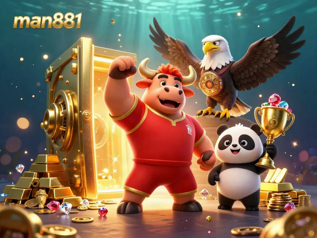 Engage with thrilling moments at man881 while celebrating victories with gaming mascots in a vibrant casino scene.