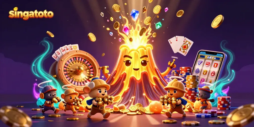 Experience thrilling wins with singatoto's vibrant casino scene featuring gold coins and gems.