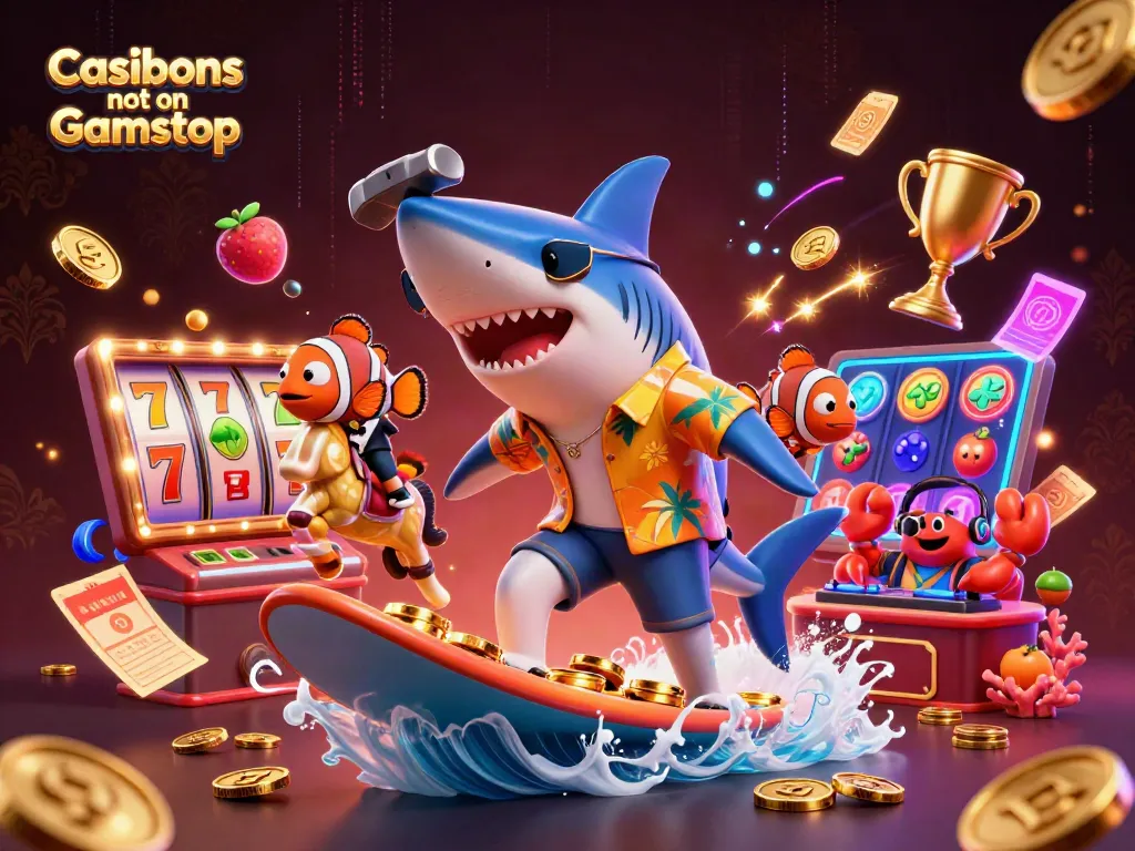 Experience excitement at Casinos not on Gamstop with 3D characters enjoying slot games amid bursting gold coins.