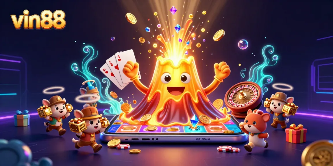 Win big at vin88 with exciting 3D casino games and treasure in a vibrant, animated scene.