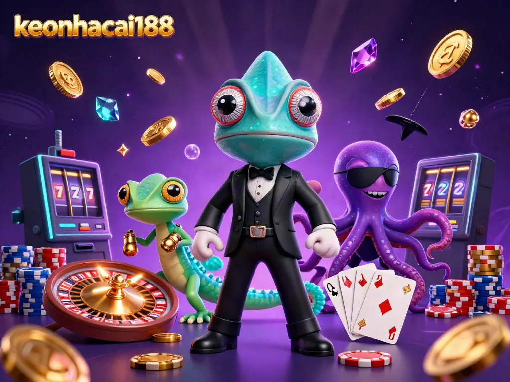 Engage with keonhacai188's vibrant casino scene featuring a secret agent chameleon, gecko gadgets, and treasure.
