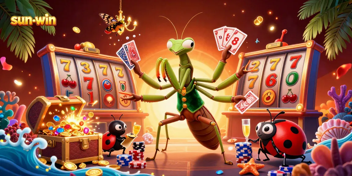 sun-win casino scene with a mantis dealer and ladybug pit boss amidst vibrant slot game elements