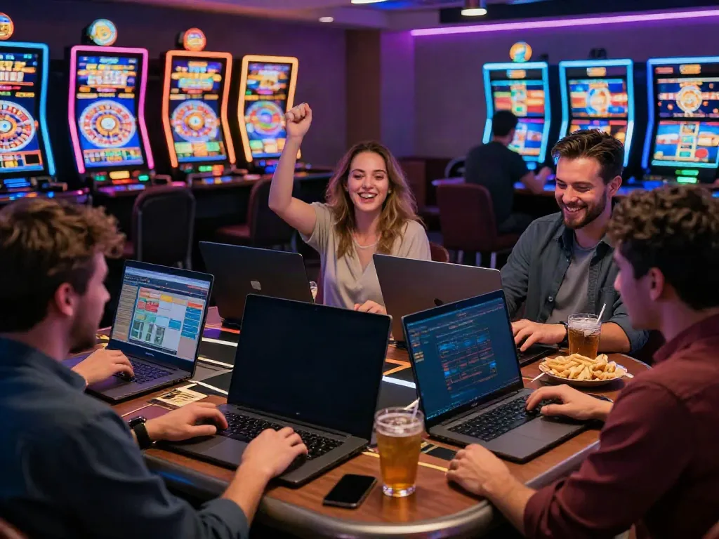 Players enjoying credit card casinos at vibrant online gaming tables with colorful graphics and lively atmosphere.