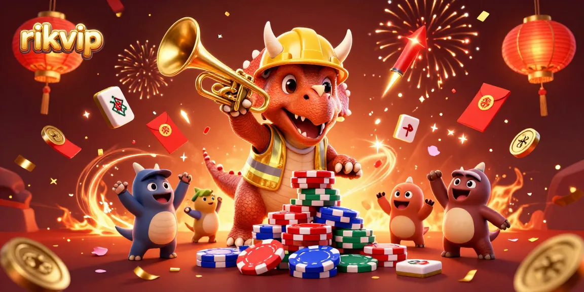 Exciting game moment at rikvip with dinosaurs celebrating while building poker chip pyramids.