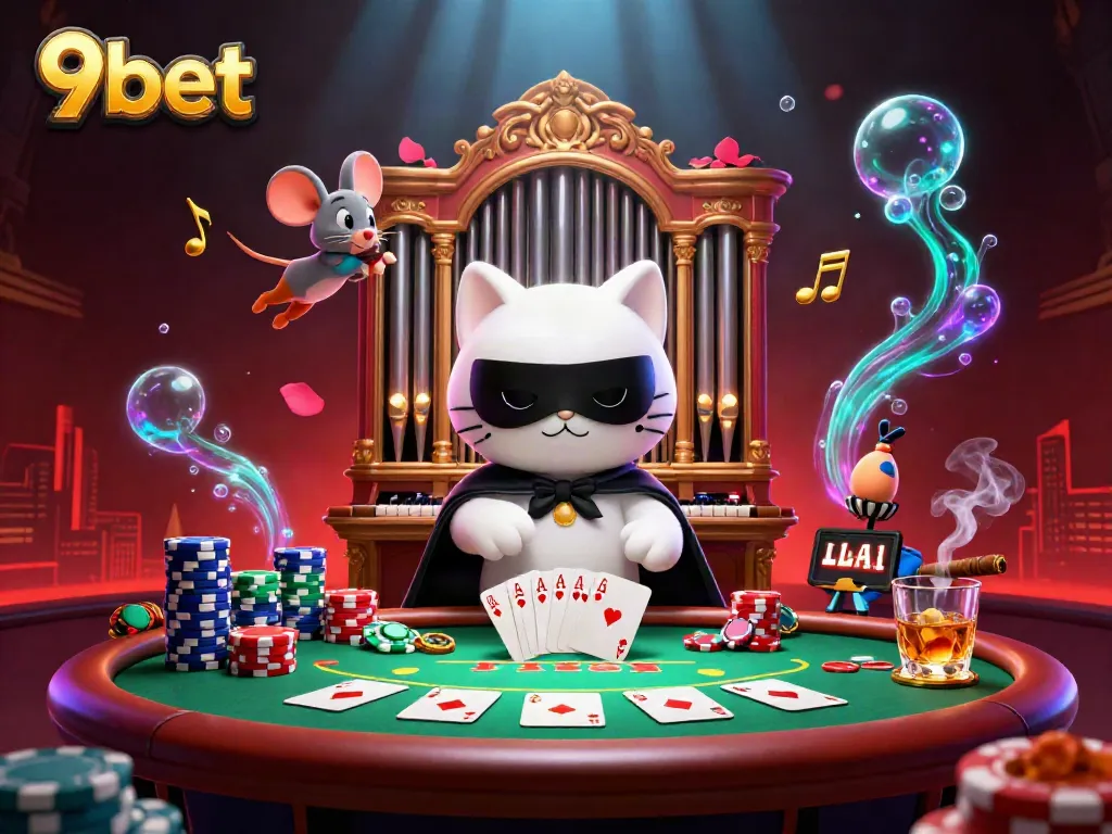 Experience thrilling gaming at 9bet with a dynamic casino scene featuring a masked phantom cat.