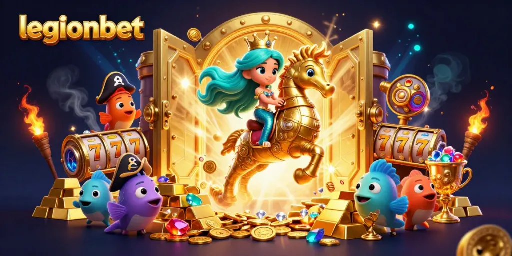 Experience thrilling wins with legionbet, featuring a vibrant casino scene of a mermaid and seahorse.