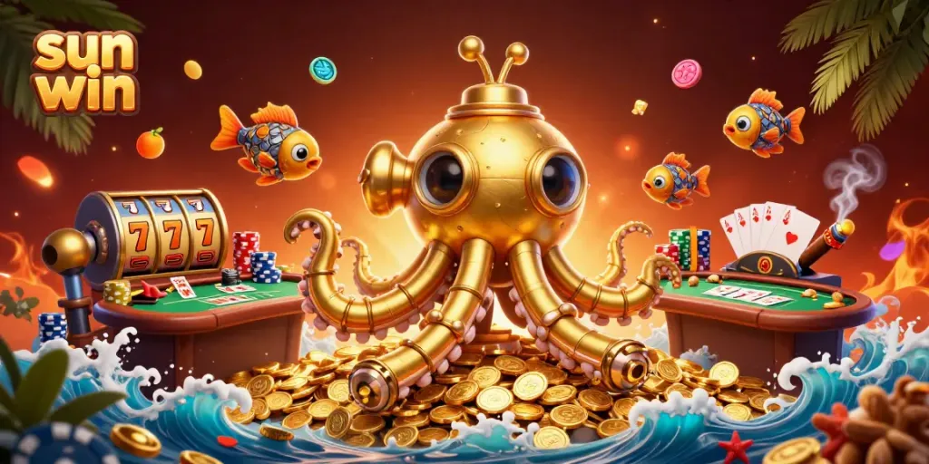 Engage with the exciting sun win casino scene featuring a golden kraken and vibrant gaming elements.