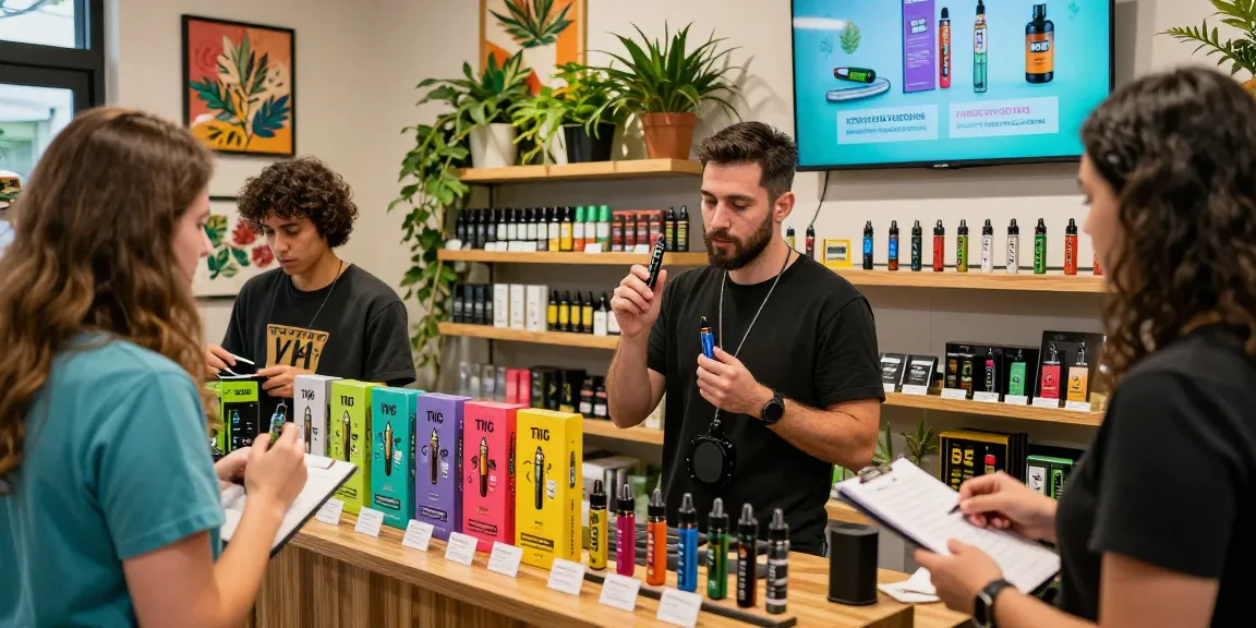Vibrant dispensary scene featuring THC vapes and a knowledgeable budtender.