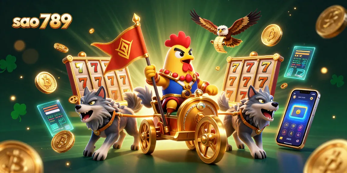 Sweeping action in 'sao 789' with a rooster warlord at the helm alongside vibrant slot game reels.