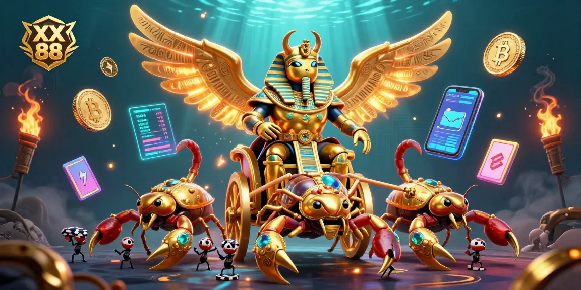 Join the adventure at XX 88 with a colossal pharaoh beetle and scorpions amidst glowing casino elements.