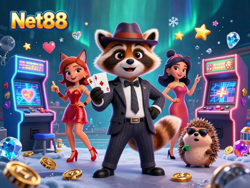Place strategic bets with Net88 alongside a charming raccoon, fox, and hedgehog in a lively casino scene.