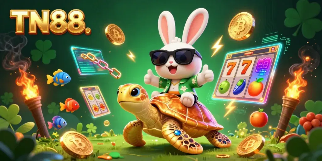 Spin and win with TN88's vibrant lucky rabbit and glowing cryptocurrency coins in a lively casino scene.