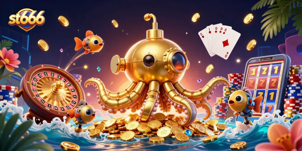 Exciting st666 gaming experience featuring a golden kraken amidst coins and a vibrant casino atmosphere.