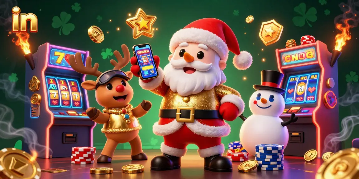 Engage in jackpot slots gaming with Santa, reindeer, and a snowman in a vibrant casino scene.
