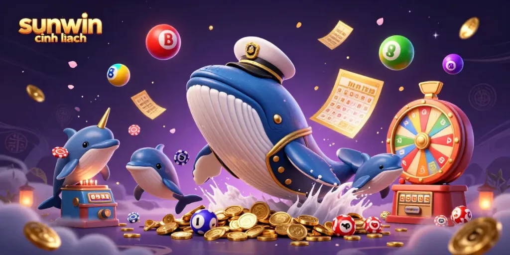 Engage with sunwin chính hãng in a vibrant 3D casino scene featuring a whale, narwhal, dolphins, and dynamic game elements.