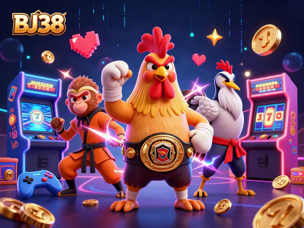 Engage in thrilling BJ38 casino action with vibrant characters and exciting slot game elements.