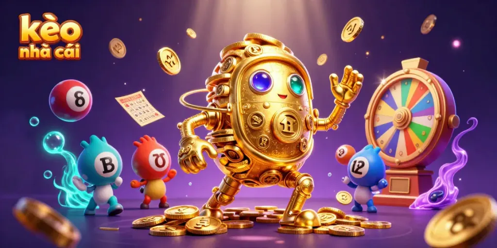 Experience kèo nhà cái excitement with a golden golem and dynamic lottery balls in a dazzling casino scene.