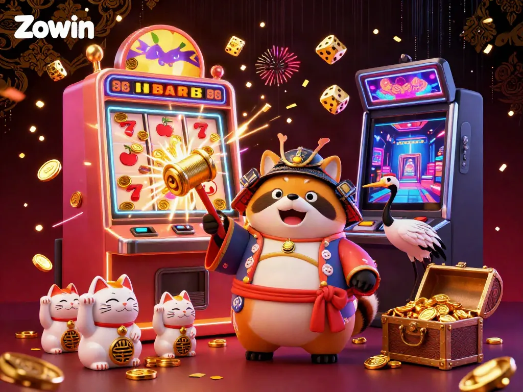 Zowin brings fortune with a cheerful tanuki and crane beside a bursting slot machine, perfect for gamblers.