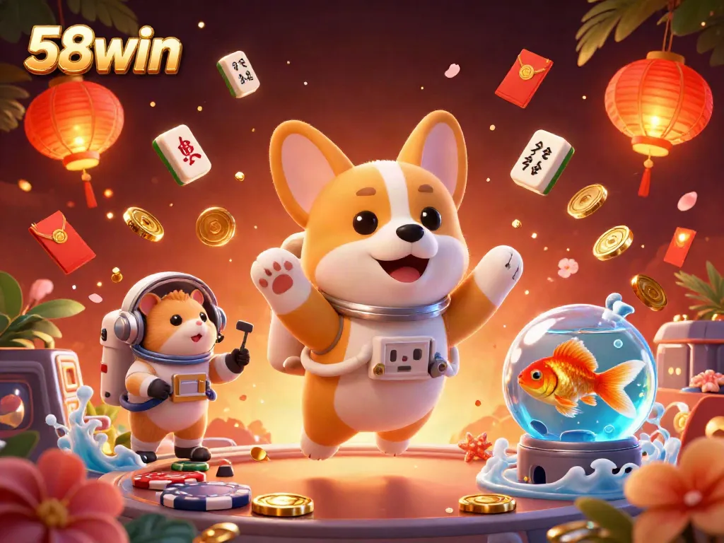 Experience the charm of 58win in this vibrant 3D illustration featuring an astronaut corgi, casino elements, and festive decorations.