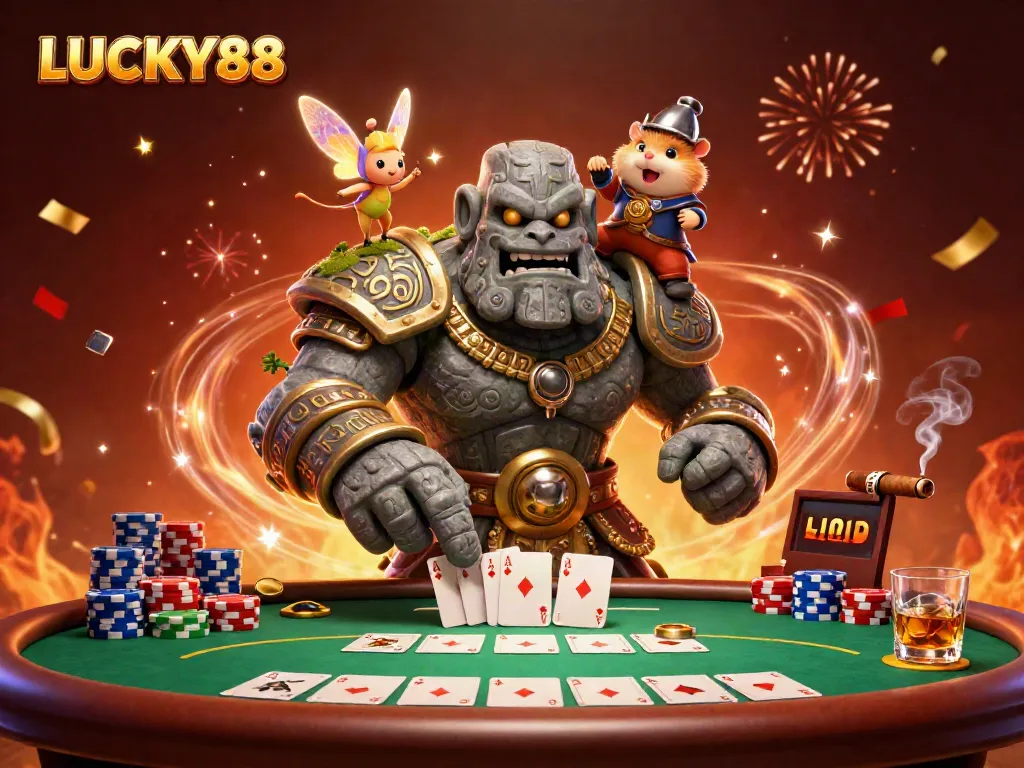 LUCKY88 comes alive with magical elements as a golem, fairy, and hamster knight join a poker scene.