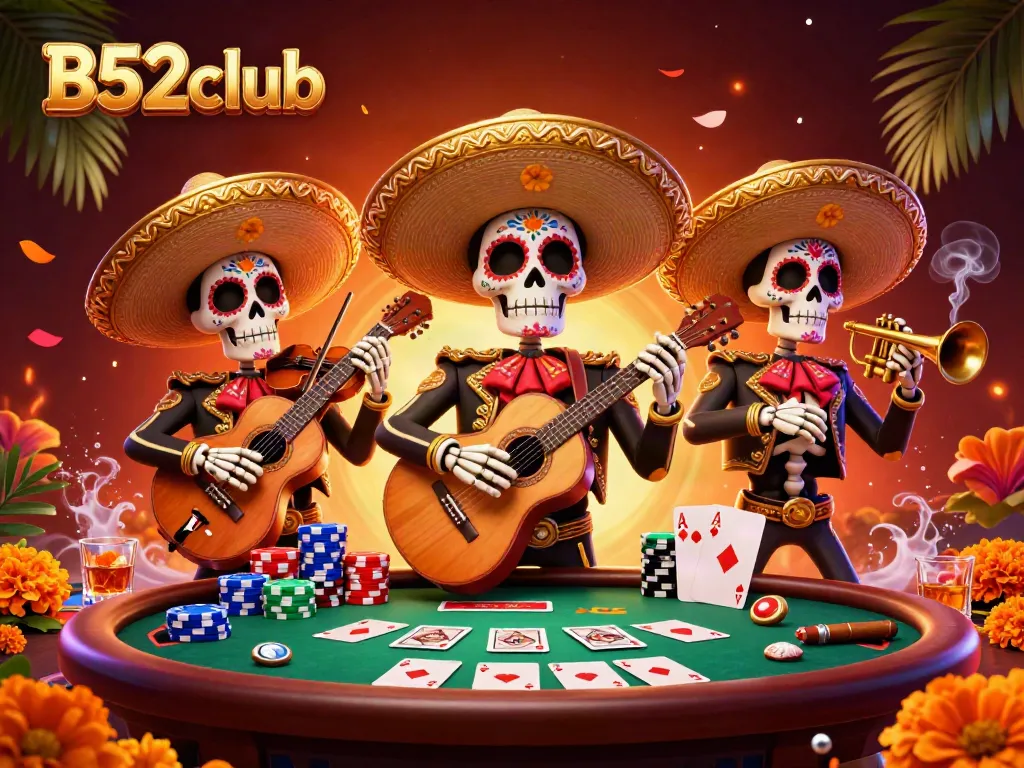 Engage in exciting gameplay at B52club with a vibrant 3D illustration featuring a mariachi band and dynamic poker scene.