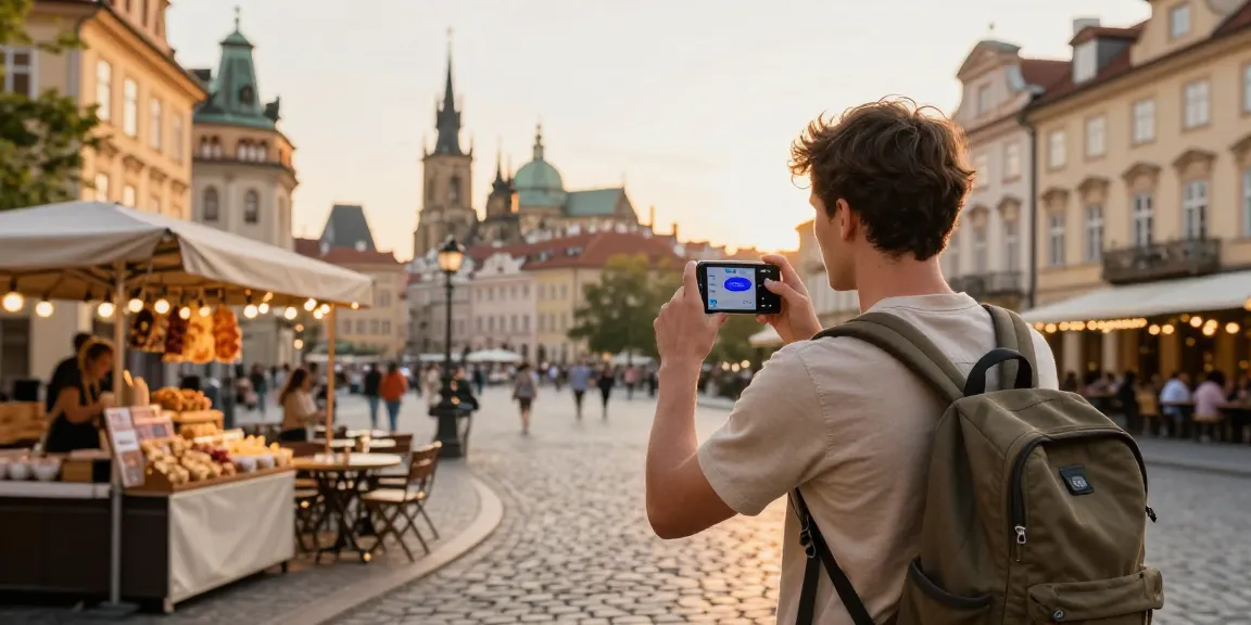 Traveler enjoying a scenic European city with the best travel eSIM options visible on their smartphone.