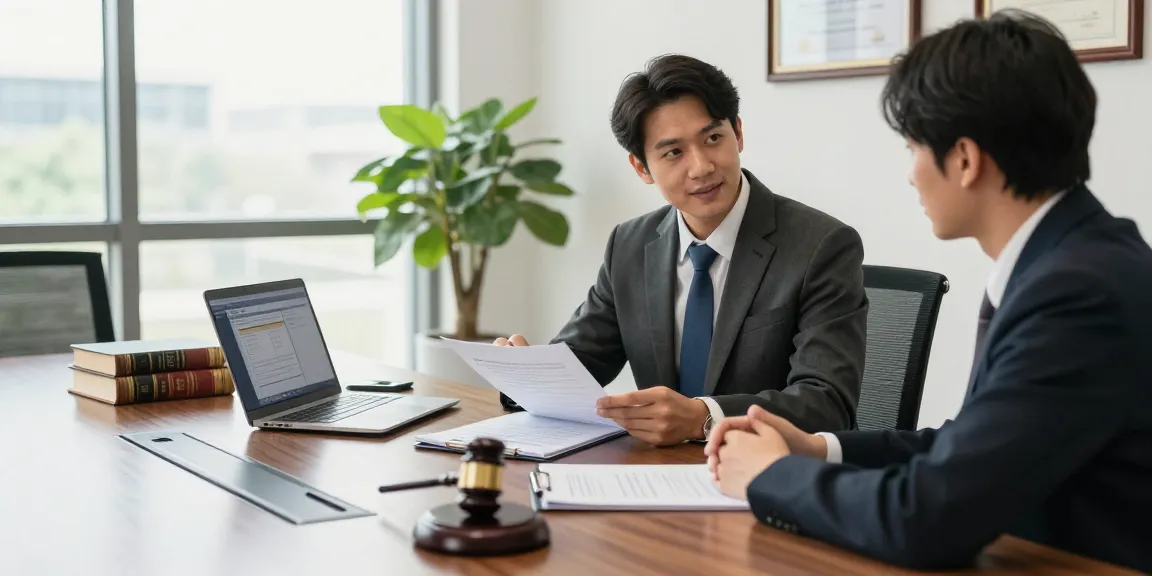 Lawyer consulting with a client on legal matters you could try here in a professional office.