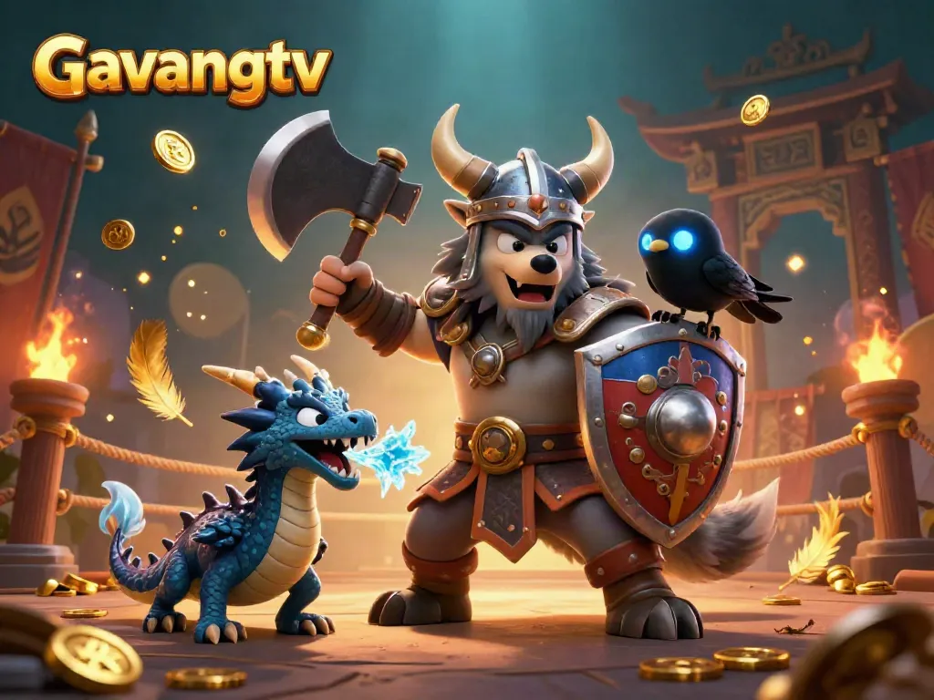 Engage with Gavangtv's dynamic sports betting experience featuring Viking warrior, dragon, and glowing raven.