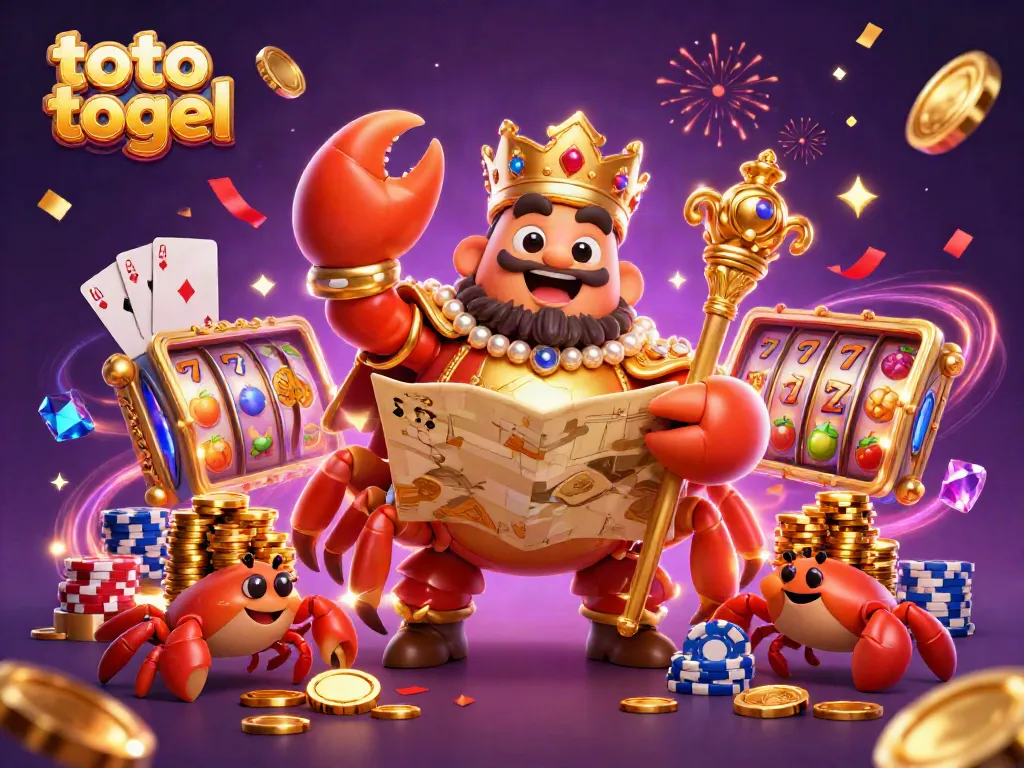 Experience the excitement of toto togel with a vibrant scene featuring a golden crab emperor and gaming elements.