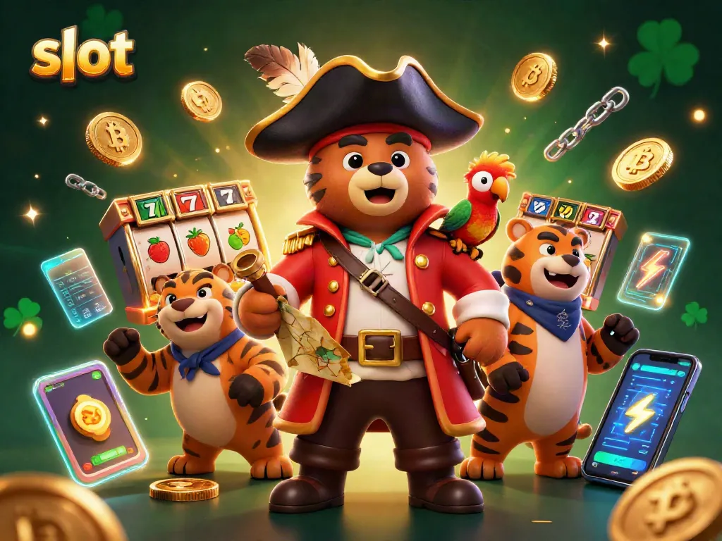 Spin the slot reels for big jackpots with a pirate bear and tiger in this vibrant casino scene.
