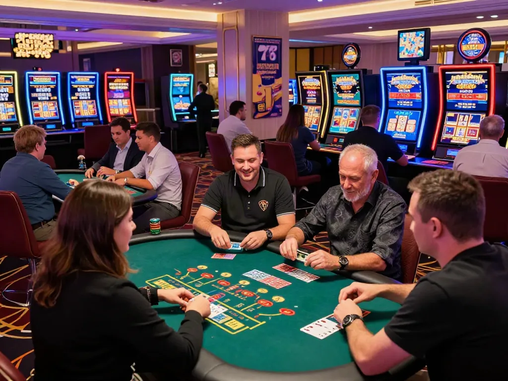 Exciting atmosphere at the best credit card casinos in the UK, featuring diverse players engaging in live dealer games and slots.