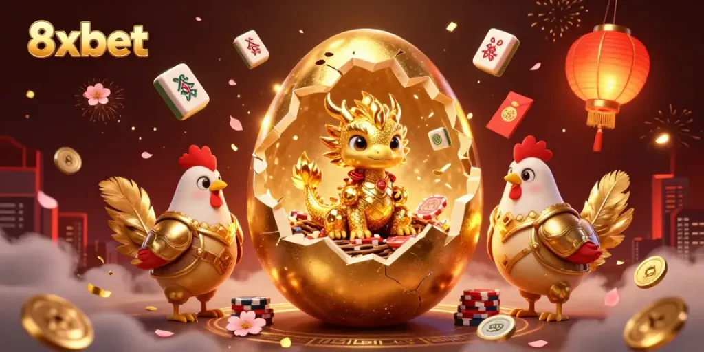 Experience the thrill of 8xbet with a baby dragon and poker chips in a magical casino illustration.