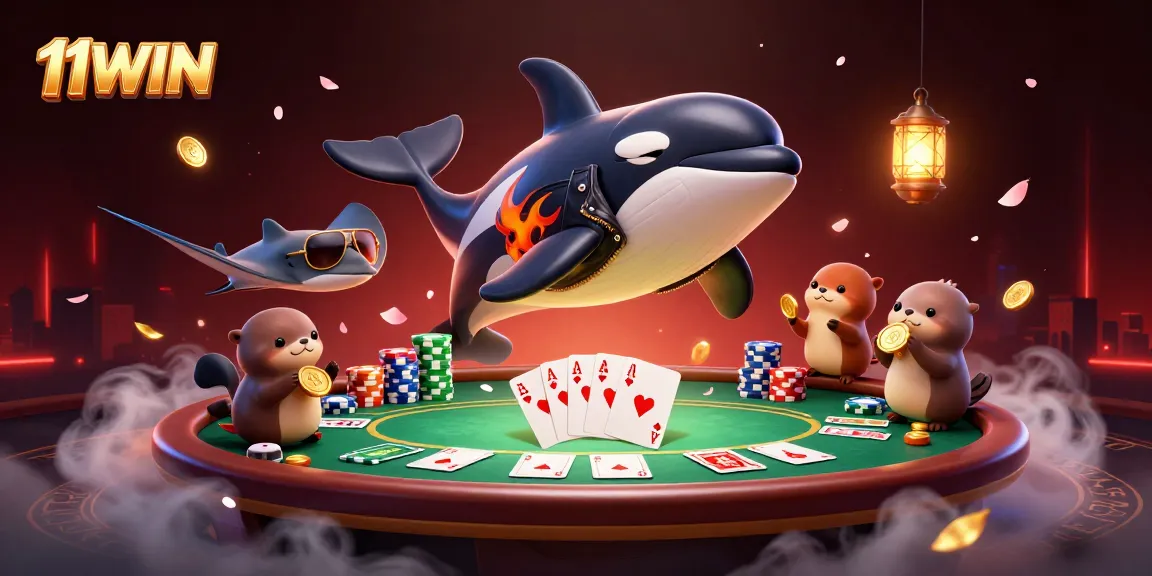 Get ready to win with 11WIN as an orca and friends enjoy vibrant casino fun.