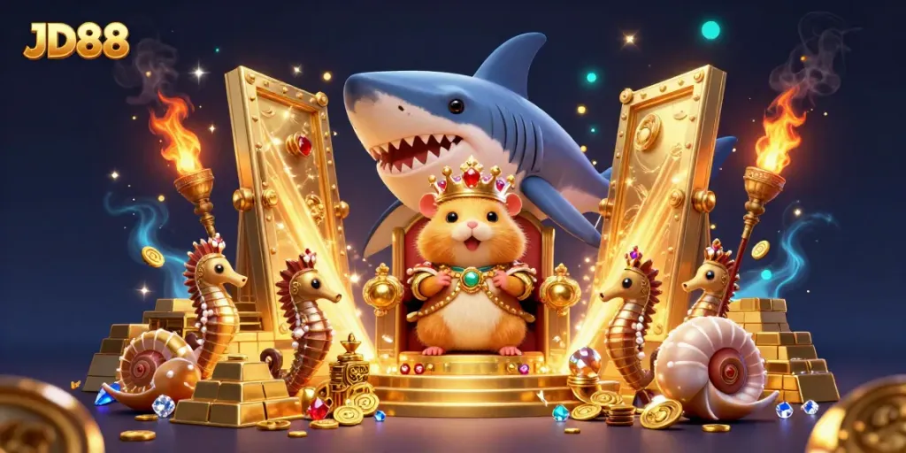 Experience the vibrant world of JD88 with a golden hamster king and treasure-filled casino adventure.