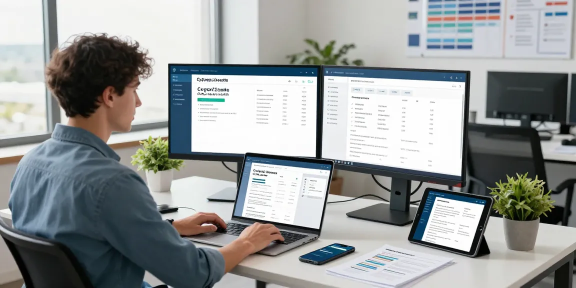 Achieve cyber essentials accreditation easily with cybersecurity professional in modern office setting, showcasing compliance dashboards and tools.