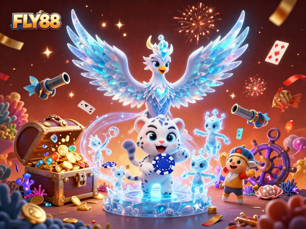 Join FLY88 for an exciting gaming adventure with vibrant colors and animated casino action.