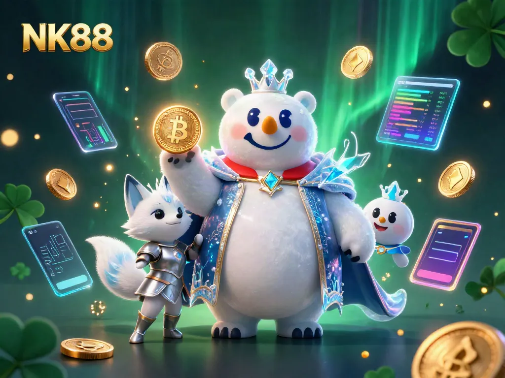 Win big with NK88 as a cartoon ice king polar bear and snow fox roam in a vibrant casino scene.