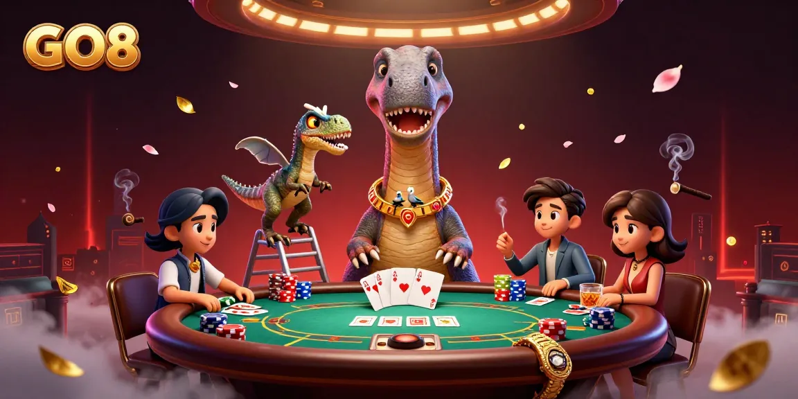 Experience the excitement of GO8 casino with a brontosaurus dealer and vibrant poker action.