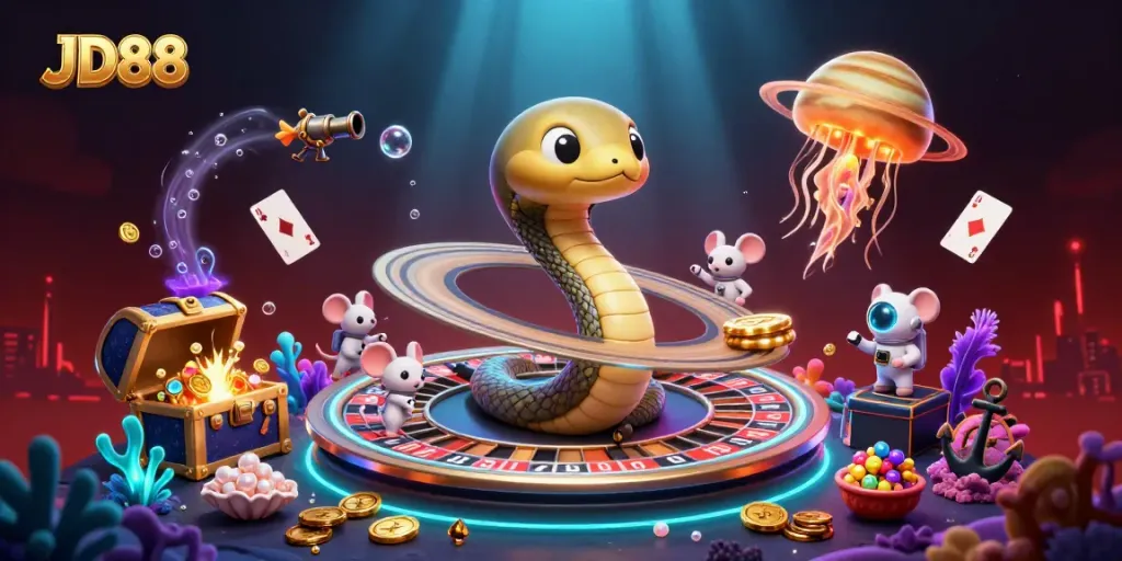 Experience JD88's thrilling cosmic casino scene with vibrant 3D elements and astronauts betting.
