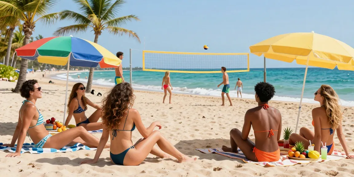 Group enjoying BIKINISLOT with colorful bikinis on the beach