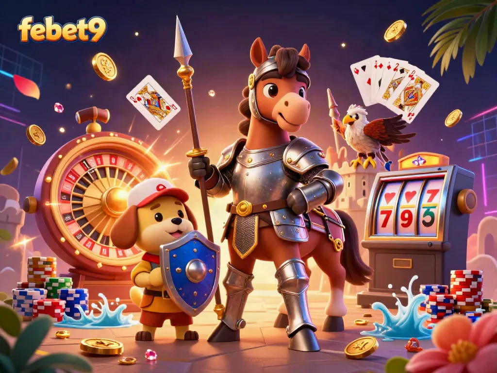 Experience thrilling gameplay with febet9 featuring a knight and squire in a vibrant casino scene.