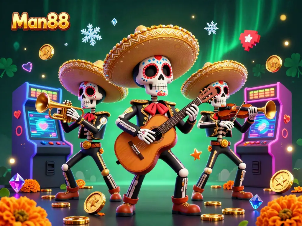 Experience thrilling gameplay with Man88's vibrant casino scene featuring animated skeleton mariachi musicians.