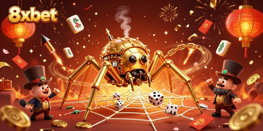 Engage with the enchanting 8xbet web of games and rewards, featuring golden spider and vibrant elements.