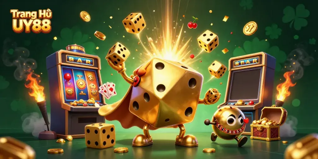 Experience an exciting moment at Trang Chủ UY88 with the vibrant golden dice golem amidst a booming jackpot scene.