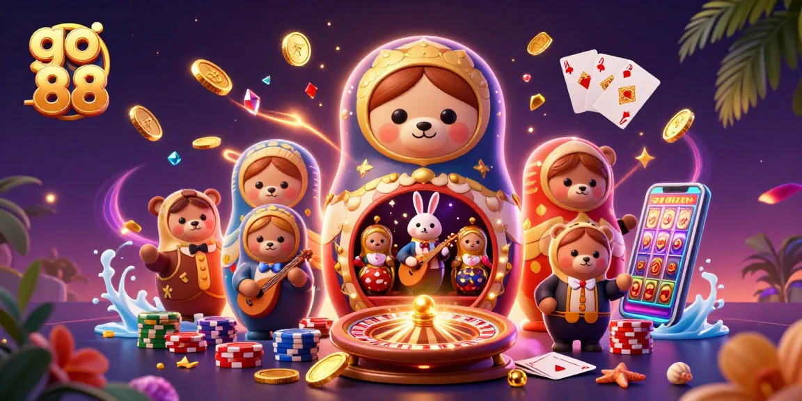 Experience the thrill of go 88 with vibrant casino elements and colorful characters in this 3D illustration.